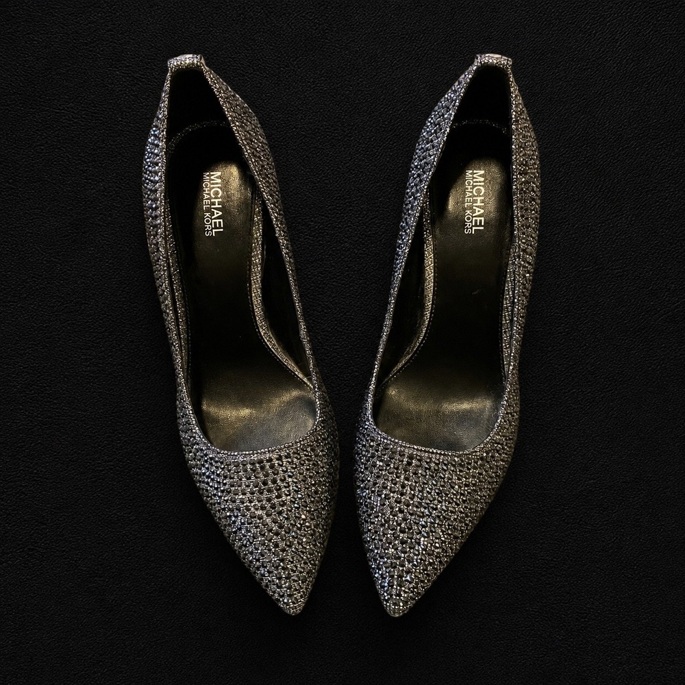 Michael Kors Dorothy Flex Crystal Embellished Pointed Toe Pumps Hematite 7.5M